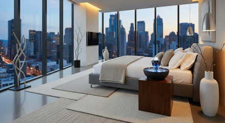 Luxurious bedroom with a stunning panoramic view of a city skyline at dusk.