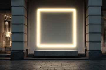 A neon glowing frame on the wall of a building with fashion boutiques.