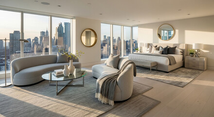 Luxurious modern bedroom with a stunning city skyline view at sunset, featuring elegant furniture and large windows.