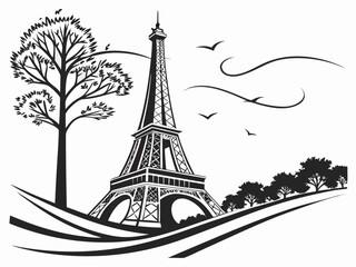 Obraz premium Eiffel tower silhouette with tree birds and decorative swirls on a landscape background design vector created with generated ai