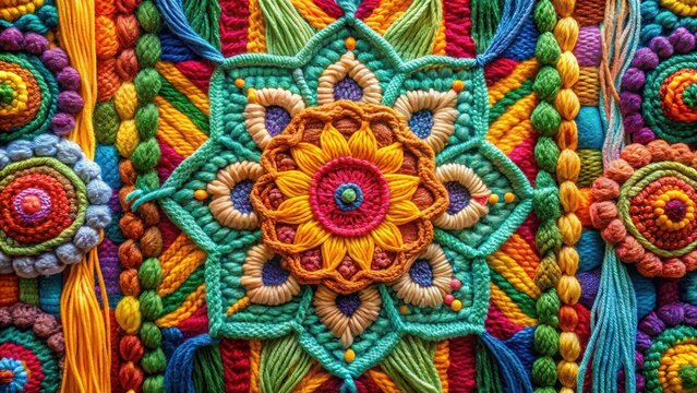 Intricate crochet patterns woven into a colorful tapestry, yarn, fiber art