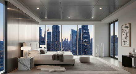Luxurious modern bedroom with a panoramic view of a city skyline at dusk.