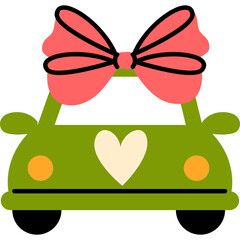 Simple illustration of a green cartoon car decorated with a pink bow and a cream heart on the front perfect for wedding invitations or celebrations