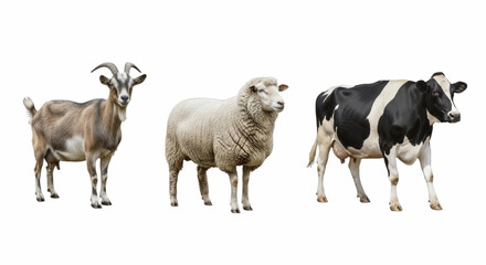 Fototapeta premium Set of Three Farm Animals – Goat, Sheep, and Cow Isolated on White Background – Domestic Livestock Collection for Agriculture, Farming, Dairy, and Educational Use in High Detail