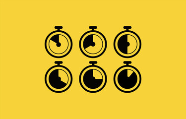 Minimalist flat design illustration of six black stopwatch icons on a bright yellow background, showing different time progress stages. Modern vector concept representing time management, countdown.