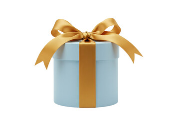 Isolated light blue round gift box tied with gold ribbon bow for special occasion
