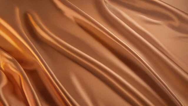 Luxurious bronze satin silk fabric texture, elegant flowing drape, warm golden-brown gradient backdrop, rich opulent design, soft material for fashion, beauty, celebrations.