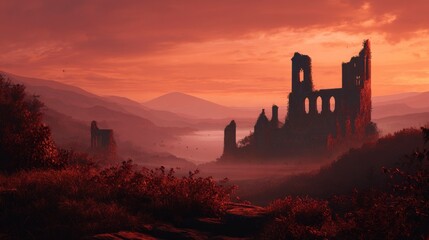 Obraz premium Ruined castle sunrise landscape