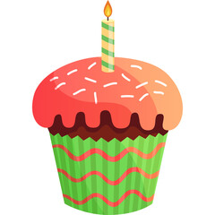 Birthday Cupcake with Pink Frosting and Green Wrapper Lit Candle with Sprinkles Isolated on Transparent Background