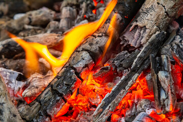 Flickering flames dance over smoldering wood embers in a cozy outdoor fire pit during a cool evening gathering