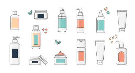 Collection of various cosmetic bottles and jars for skincare and beauty products.