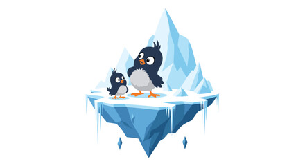 Two adorable cartoon penguins stand on a floating iceberg, looking curious and playful, against a clean white background.