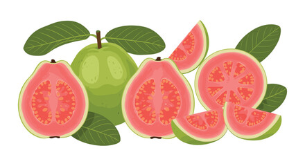 Fresh Guava Fruit Whole and Sliced with Green Leaves.