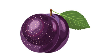 Fresh ripe purple plum with green leaf on white background.