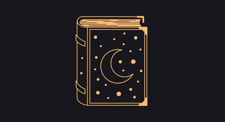 Mystical Book with Crescent Moon and Stars on Dark Background.