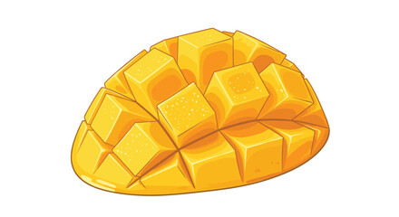 Delicious ripe mango half with diced flesh, ready to eat, vibrant yellow tropical fruit.