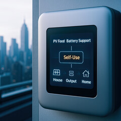 PV Feed Battery Support Self Use control panel display on wall showing house output home flow and energy management with blue interface and city skyline in background