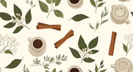 Seamless pattern with cinnamon sticks, tea leaves, and coffee cups on a light background.