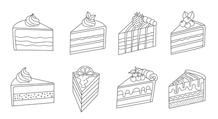 Collection of Hand-Drawn Cake Slices with Various Toppings and Layers.