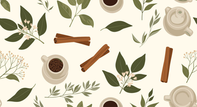 Seamless pattern with cinnamon sticks, tea leaves, and coffee cups on a light background.