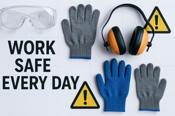 Work safe every day safety concept with protective gloves, safety goggles, hearing protection, caution sign, workplace safety reminder encouraging precaution and injury prevention