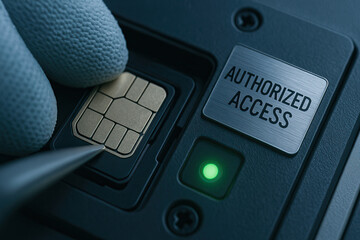 Authorized access security chip microchip sim card electronic lock gloved hand metal plate green indicator precision tool contact pad close up