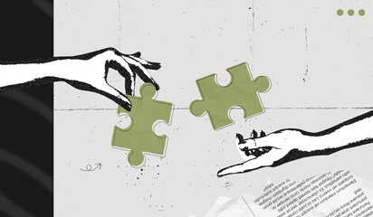 Trendy Halftone Stipple effect Two Hands combine puzzle pieces. Teamwork and brainstorm concept. Business idea and solution. Partnership relationship. Retro vintage vector illustration art
