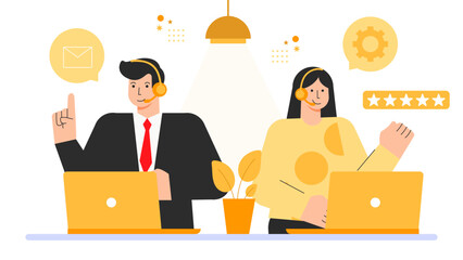 Customer Service and Support Team Concept Flat Vector Illustration