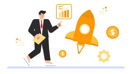 Startup Launch and Business Development Flat Vector Illustration