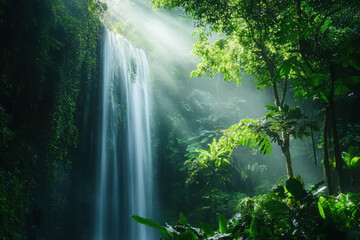 Naklejka premium Majestic waterfall cascading through lush jungle nature photography tropical environment serene viewpoint tranquility concept
