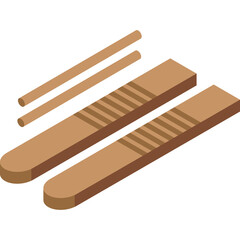 Isometric Wooden Spoon Set Isolated on White Background With Three Small Wooden Sticks Studio Shot