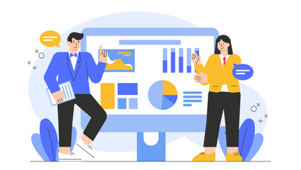 Business People Analyzing Data and Charts Flat Vector Illustration