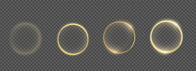 Glowing soft circles frames set. Golden halo rings collection. Light magic orbs. Gold glimmer line borders. Abstract yellow round metallic spheres. Vector illustration on transparent background. © Syuzann q