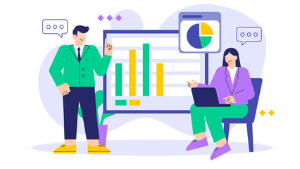 Business People Analyzing Data and Charts Flat Vector Illustration