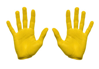 Isolated, two open yellow painted hands pointing up in front-facing gesture, symbol of stop