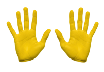 Isolated, two open yellow painted hands pointing up in front-facing gesture, symbol of stop