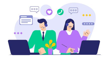 Customer Service and Support Team Concept Flat Vector Illustration
