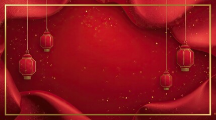hinese New Year Red Background with Golden Lanterns and Festive Frame