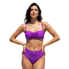 Fototapeta premium Confident Woman Wearing Purple Bikini Posing on Transparent Background, Modern Swimwear Fashion and Summer Lifestyle Concept
