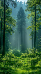 Obraz premium Golden sunlight shines through the mystical mist in a lush green forest, illuminating the tall trees and vibrant woodland floor.