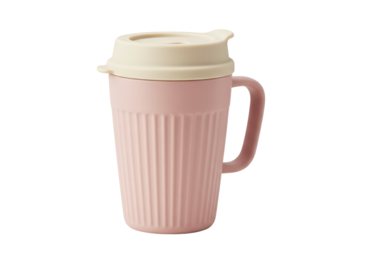 Isolated pink and cream coffee mug with lid on plain surface, no background, simple drinkware