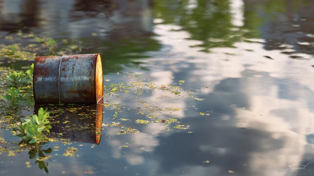 A rusty barrel partially submerged in water surrounded by plants, reflecting the sky