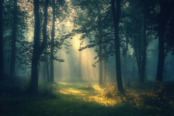 Obraz premium Illuminating forest pathway enchanted woods nature photography serene environment captivating viewpoint