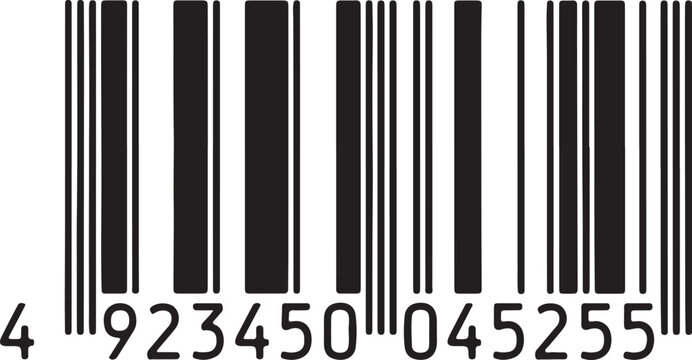 Black and white UPC barcode with numbers 4 923450045255 product code scanning on transparent background