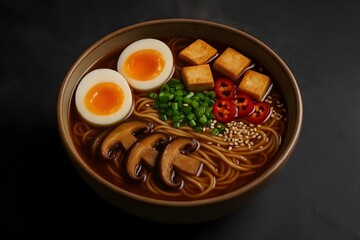 Gourmet Ramen Bowl with Egg, Tofu, Mushrooms and Chili in Rich Broth