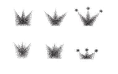 Crown grain noise gradient shapes. Retro y2k stippling simple forms set. Black shade king sign icons isolated on transparent background. Vector spray paint queen crowns symbols shapes illustration.