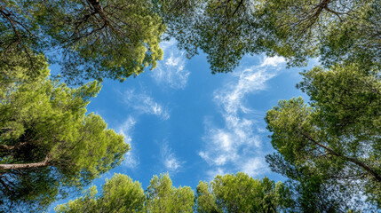 Obraz premium Lush green trees frame bright blue sky with wispy clouds, creating serene and peaceful