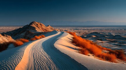 Winding sand dune ridge with orange bushes under a clear blue sky in a desert landscape