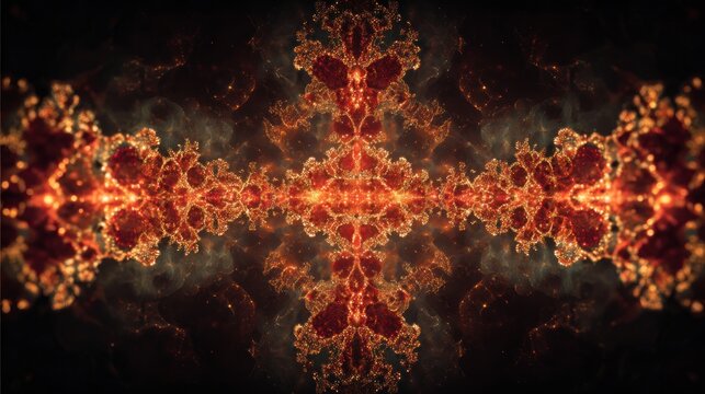 Abstract symmetrical pattern of fiery orange and dark brown shapes