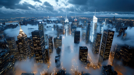 Aerial view of city skyline shrouded fog, with skyscrapers illuminated night, creating mystical